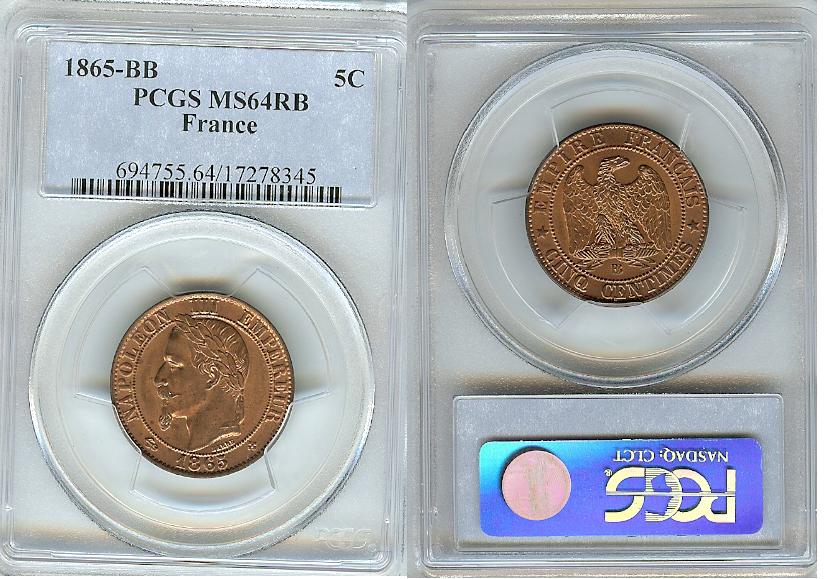 5 Centimes Napoléon III 1865BB Strasbourg  FDC
